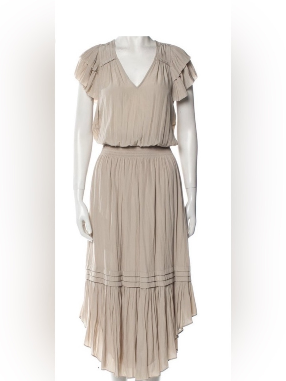 Ramy Brook Beige V-Neck Ruffle Sleeve Maxi Dress